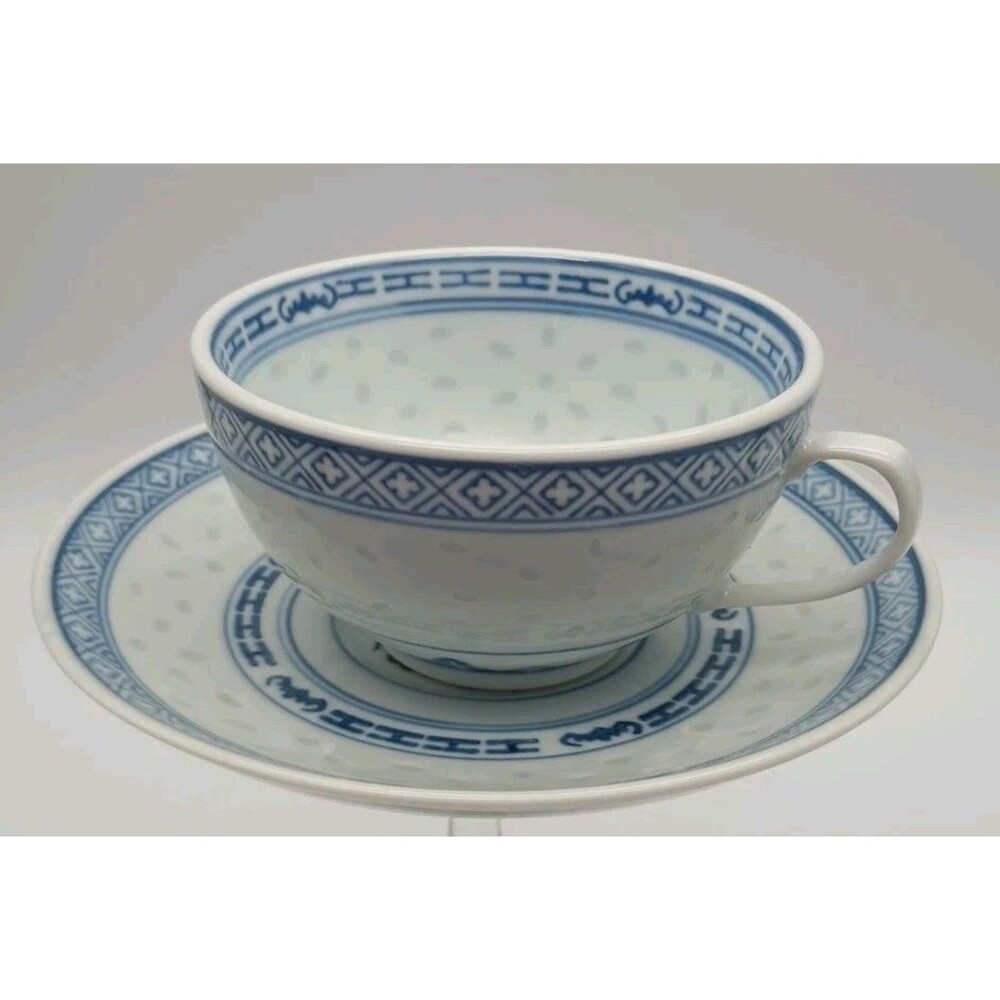 Translucent Tea Cup & Saucer Set Blue Rice Eye White Dragon Vintage Chinese